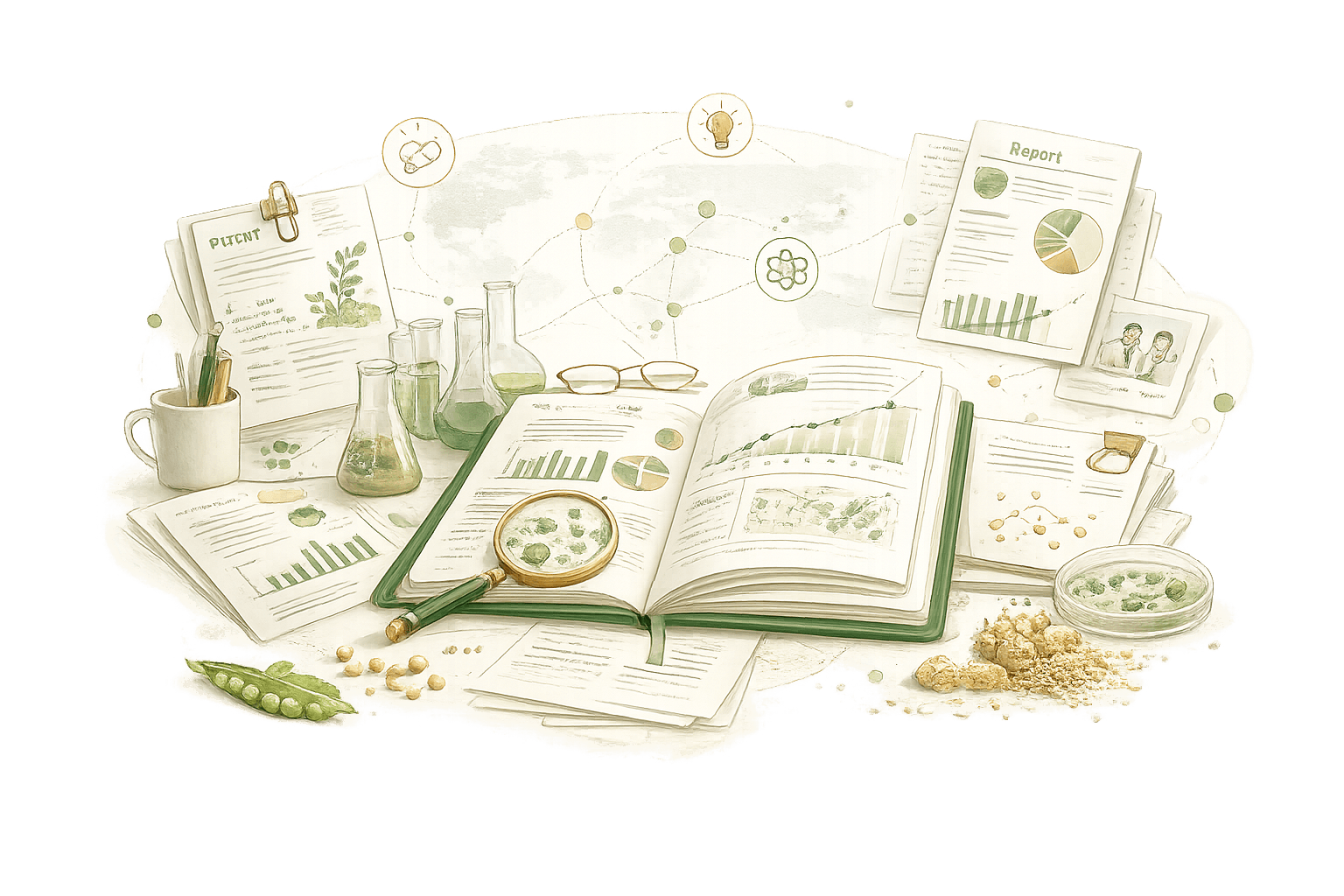 Research desk with reports, patents, flasks and plant-protein samples